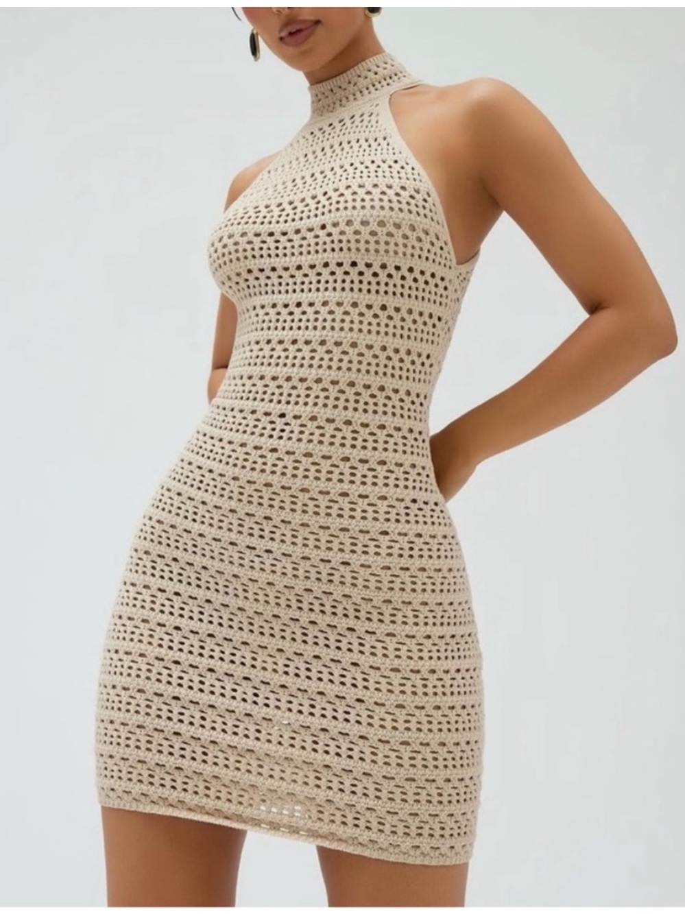 Naked Wardrobe Dark Beige Crochet Halter Mini Bodycon Dress • Medium • EUC